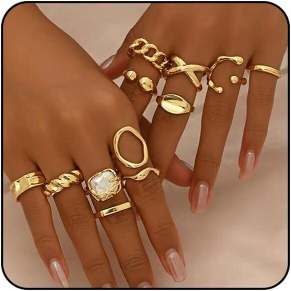 Chunky 18K Gold Rings set 6 pcs for Women Non-Tarnish Stackable Statement Set - Picture 1 of 6